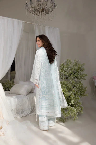 Woman in a light blue embroidered outfit standing in a decorated room with white curtains and plants.